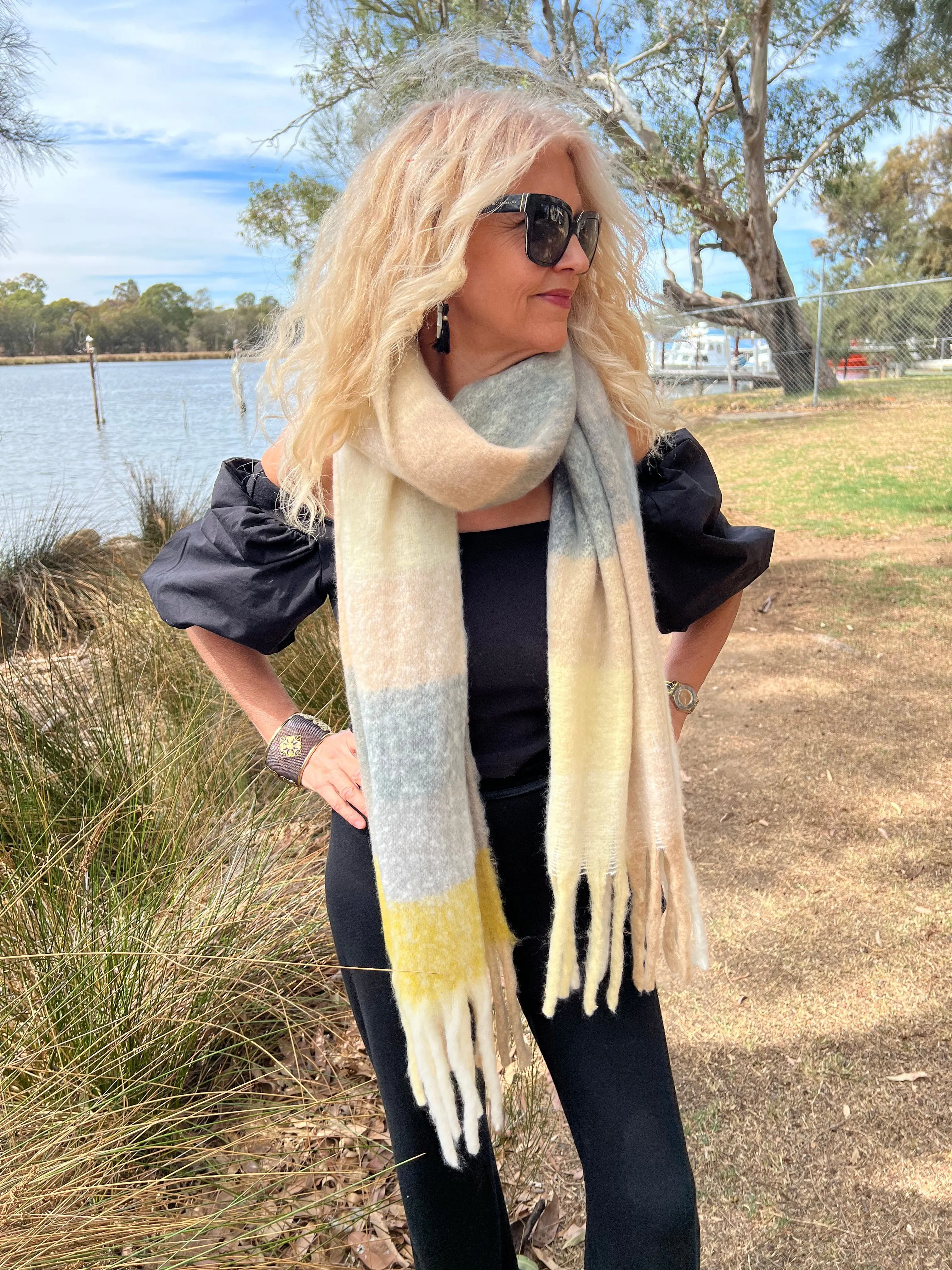 💛 Plaid Scarf -Thick Warm -Yellow Grey