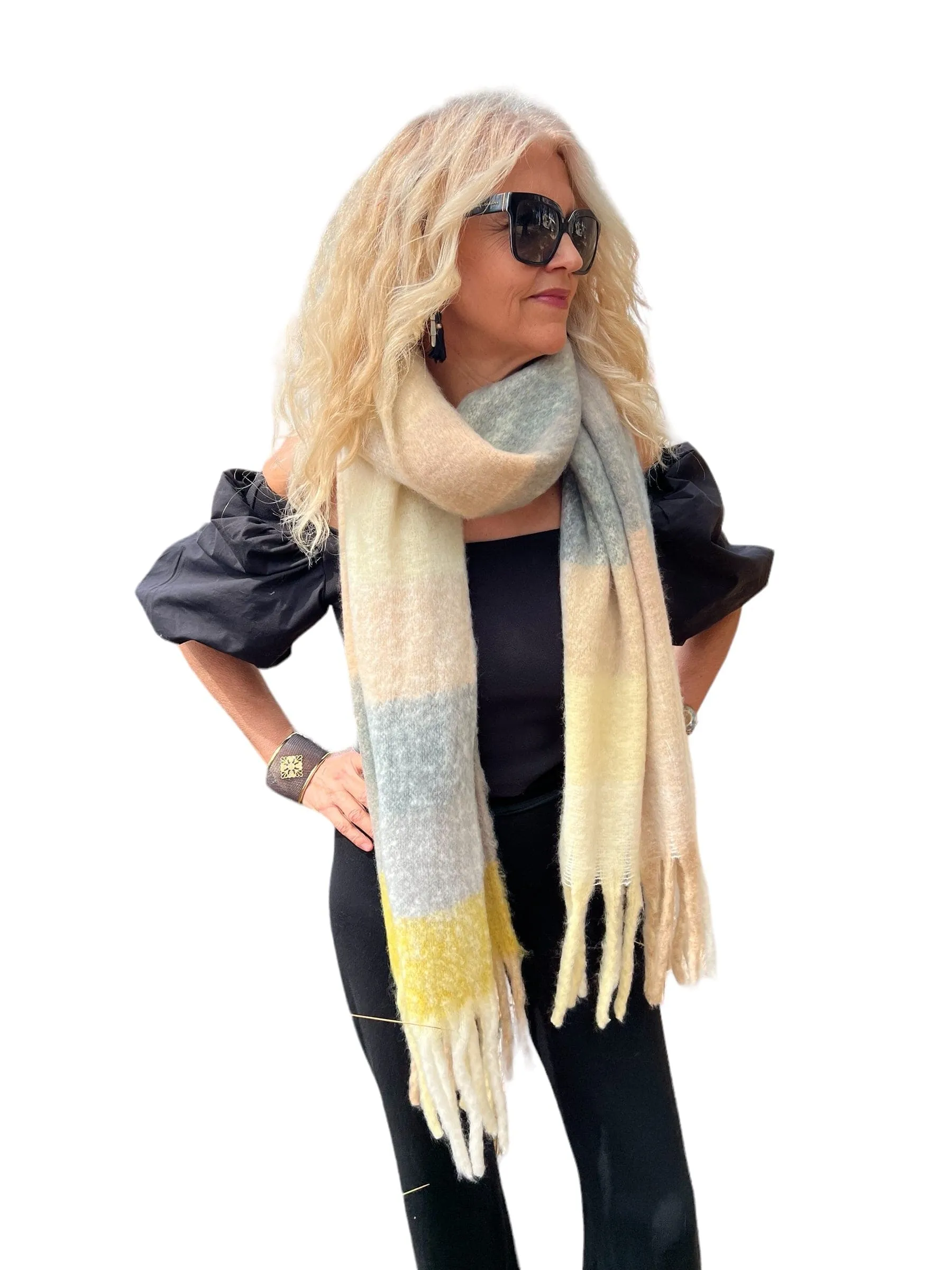 💛 Plaid Scarf -Thick Warm -Yellow Grey