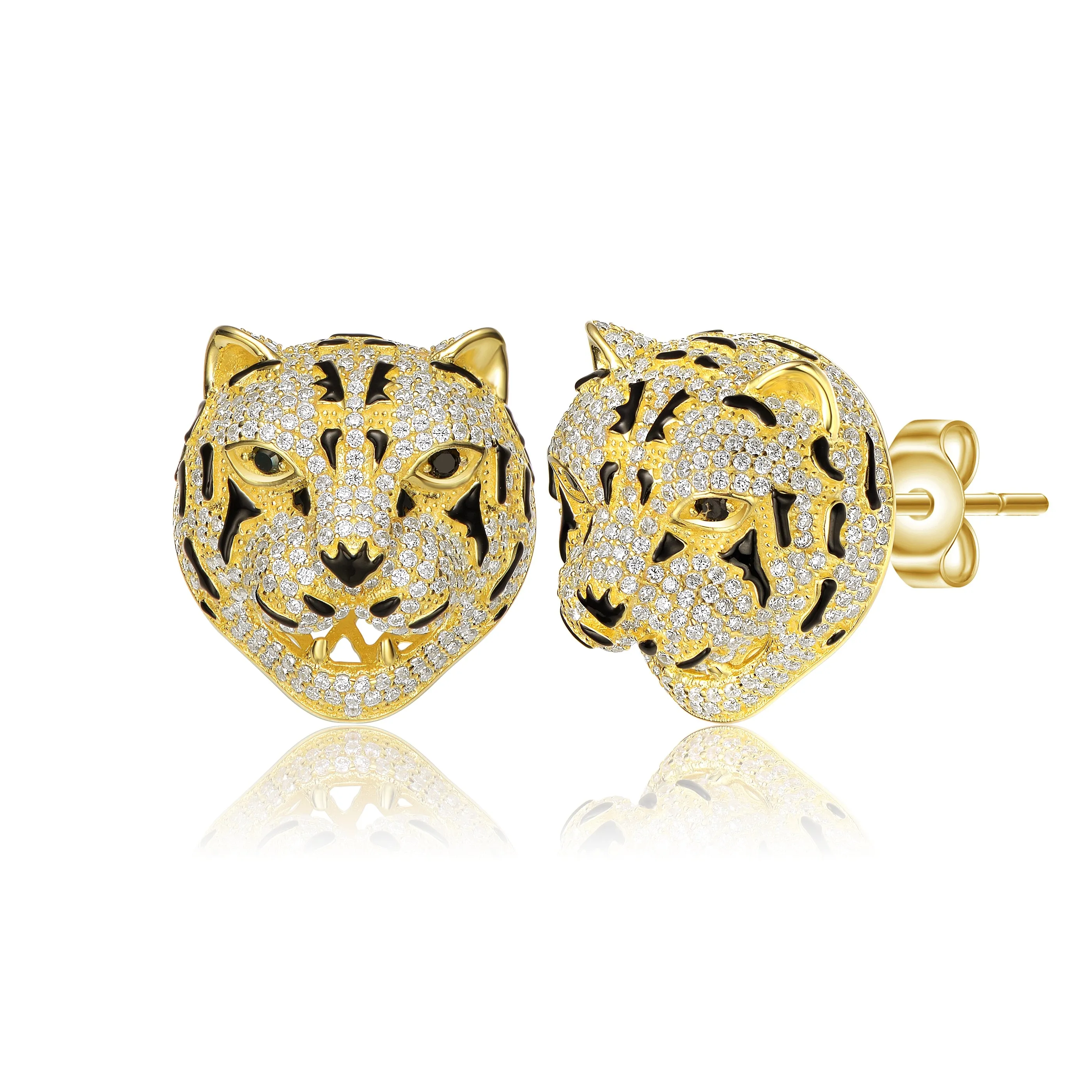 14k Yellow Gold Plated with Cubic Zirconia Leopard Head Stud Earrings in Sterling Silver