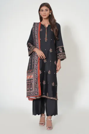 3 Pieces Unstitched Embroidered Cotton Satin Suit