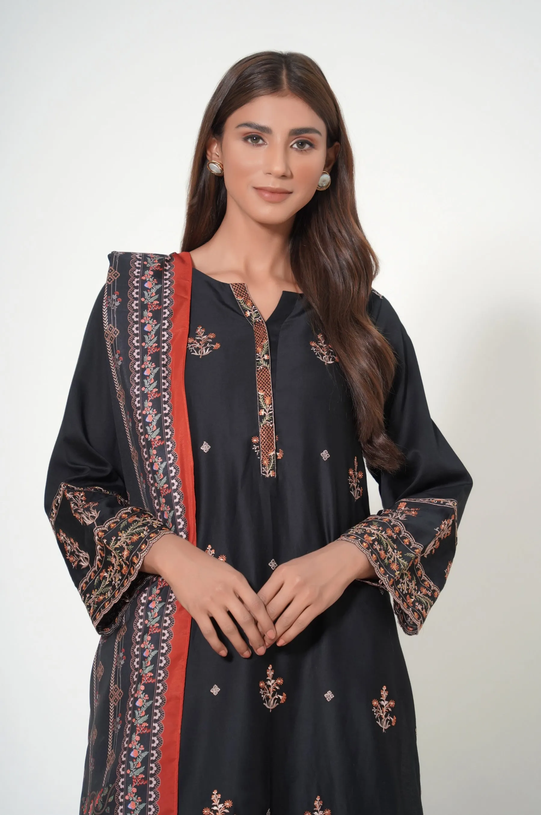 3 Pieces Unstitched Embroidered Cotton Satin Suit