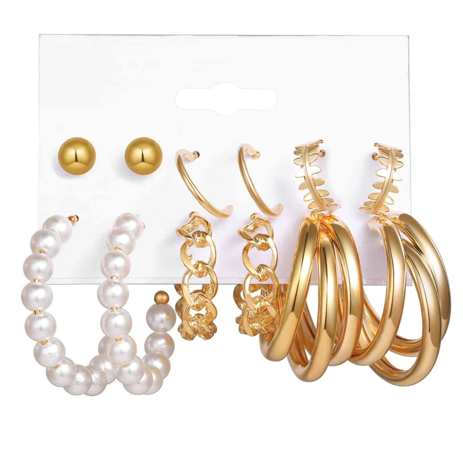 6 Pair Gold Plated Pearl Hoop Earrings Combo Set for Women and Girls