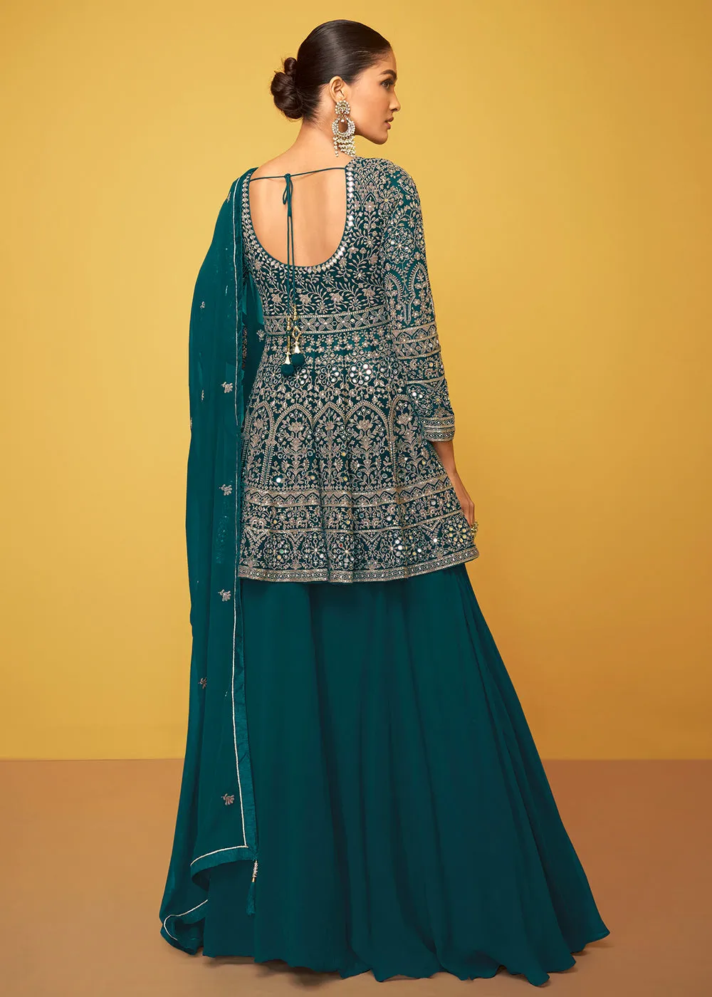 Attractive Teal Georgette Fabric Skirt Style Designer Palazzo Suit