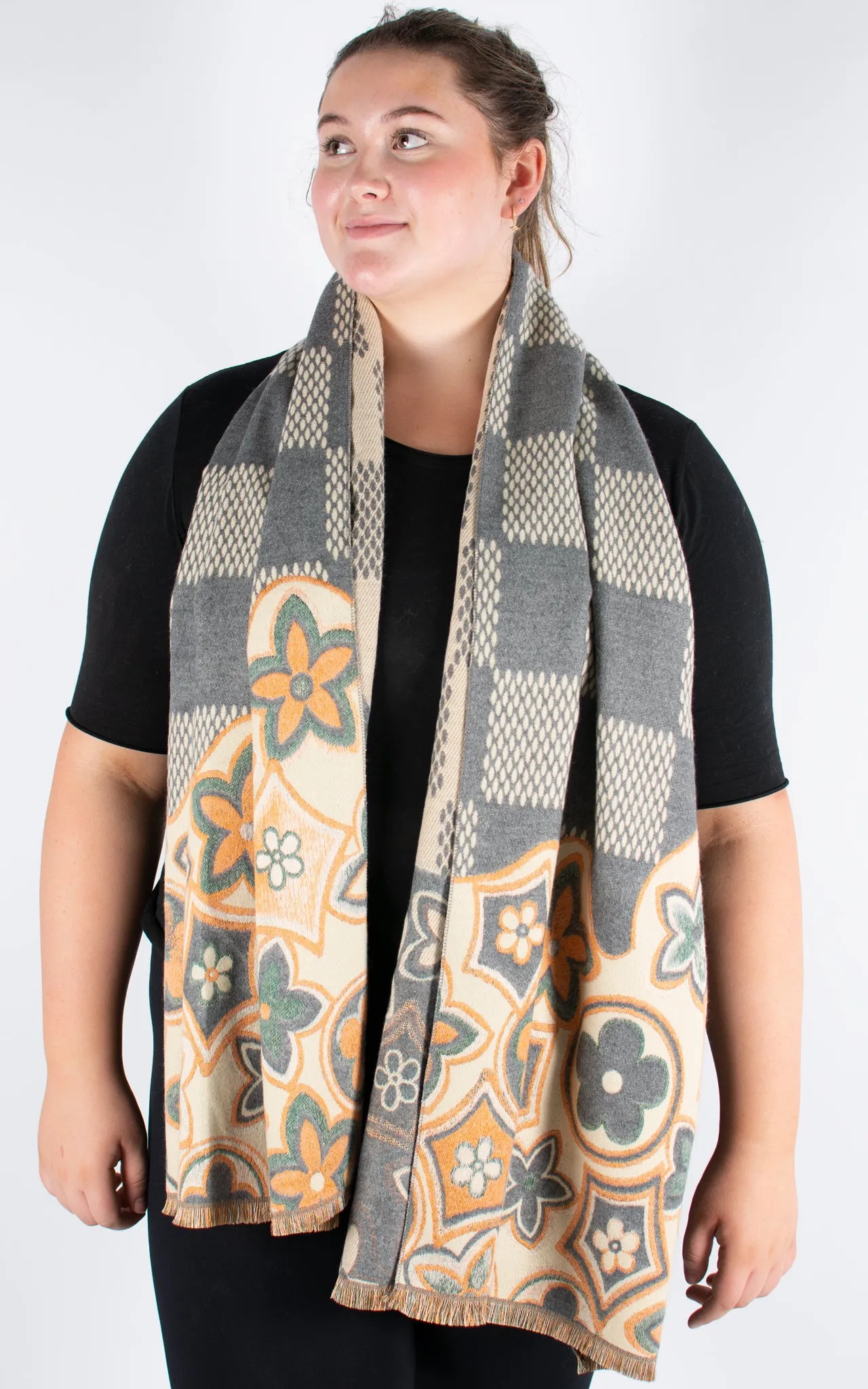 Autumn Winter Scarf | Print Hem Check Pattern | Grey