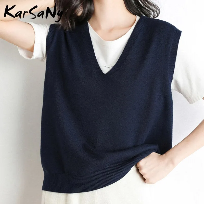 Back To School Insulated Vest For Women Solid Slim Green Sweater Sleeveless Knitted Vest Female V Neck Classic Tops Women's Fashion Vests 2022