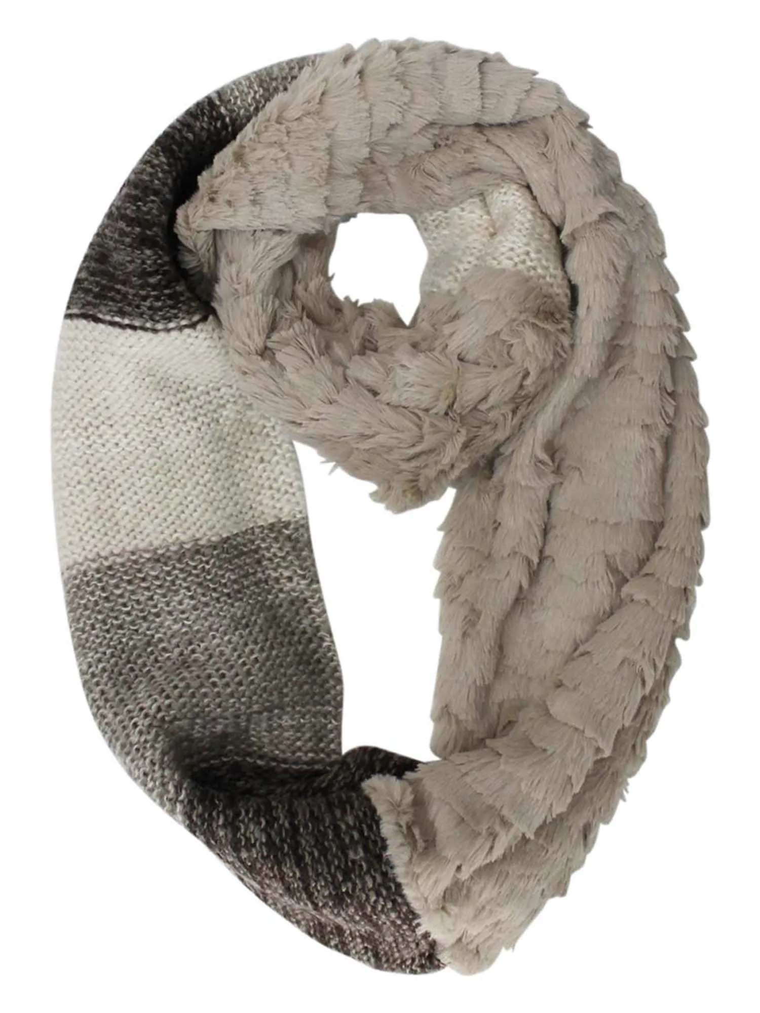 Beige Color Block Faux Fur & Knit Infinity Scarf