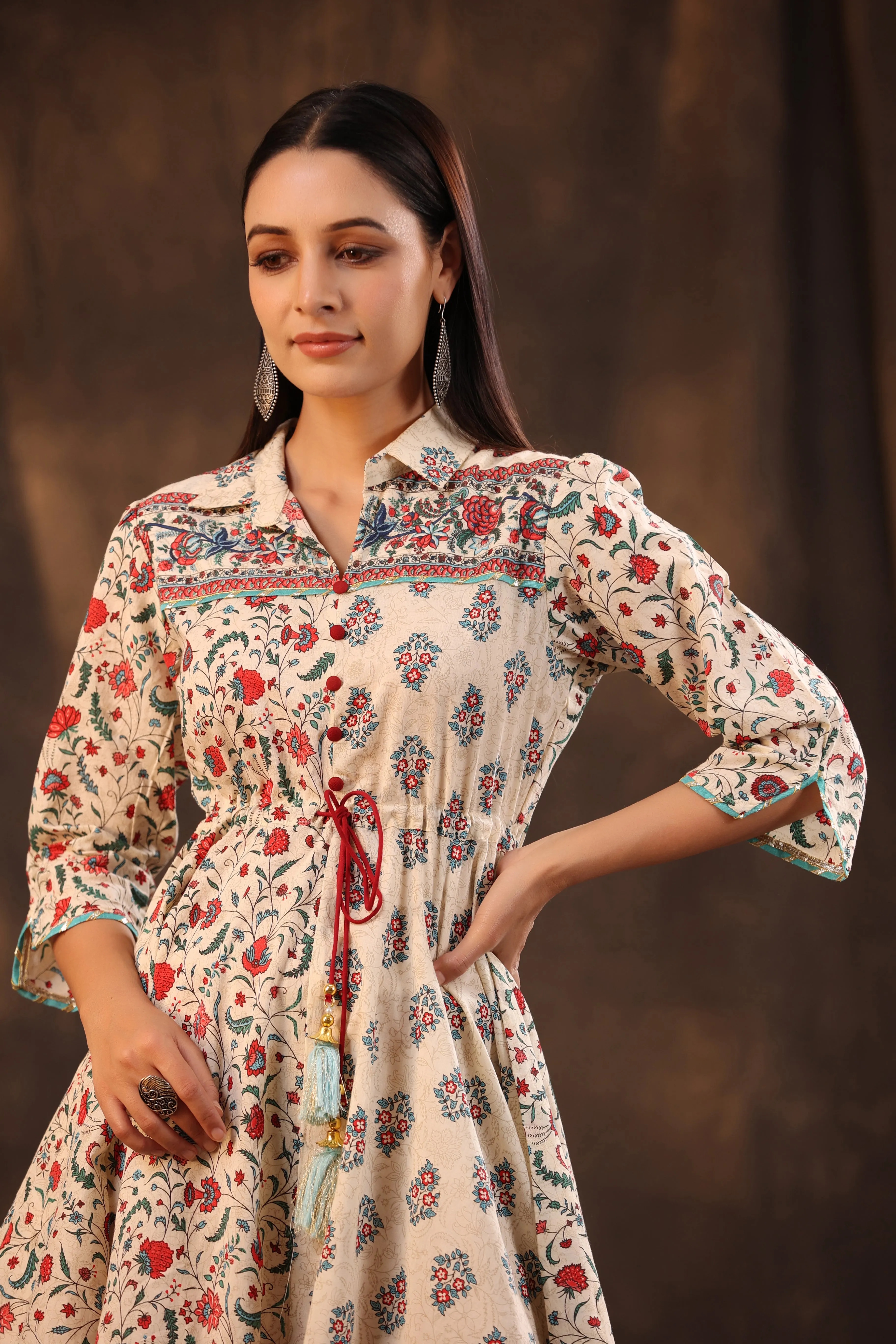 Beige Cotton Cambric Printed Kurta & Palazzo Set