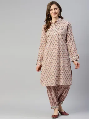 Beige Cotton Shirt Style Kurta Hem Cuffed Pant Co-Ord Set