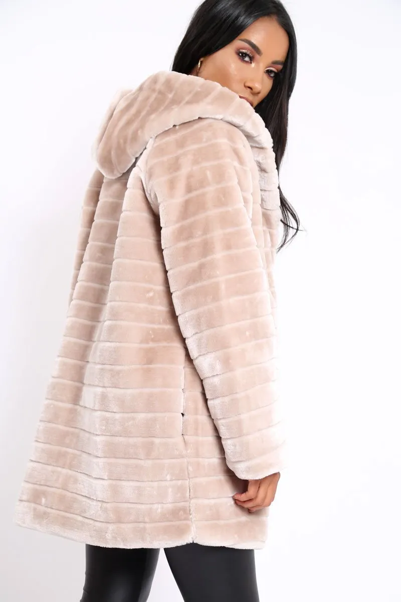 Beige Soft Faux Fur Hooded Coat - Kila