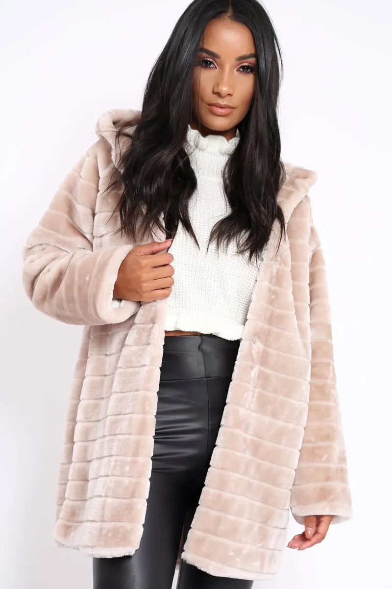 Beige Soft Faux Fur Hooded Coat - Kila