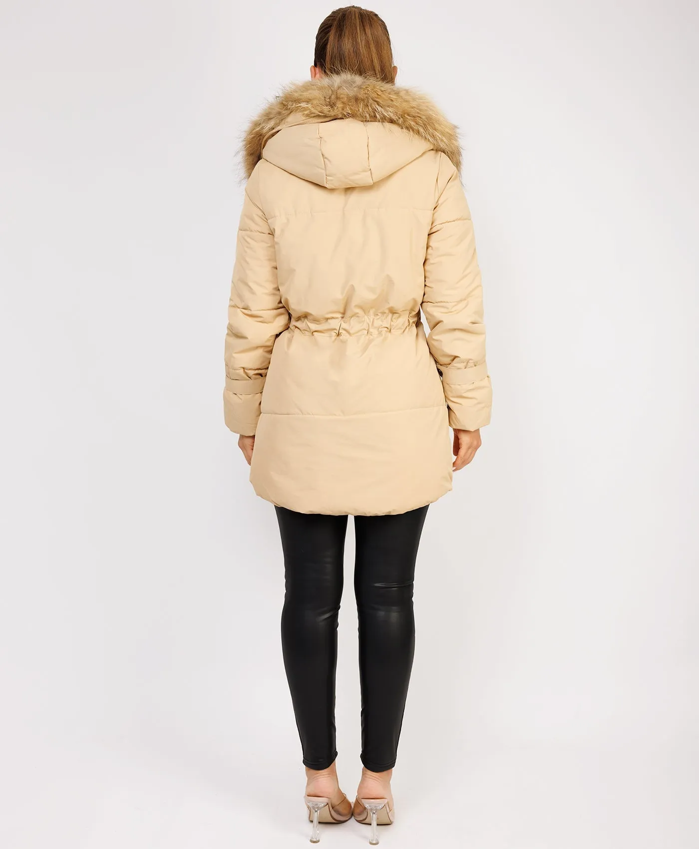 Beige Waist Tie Real Fur Hood Puffer Coat