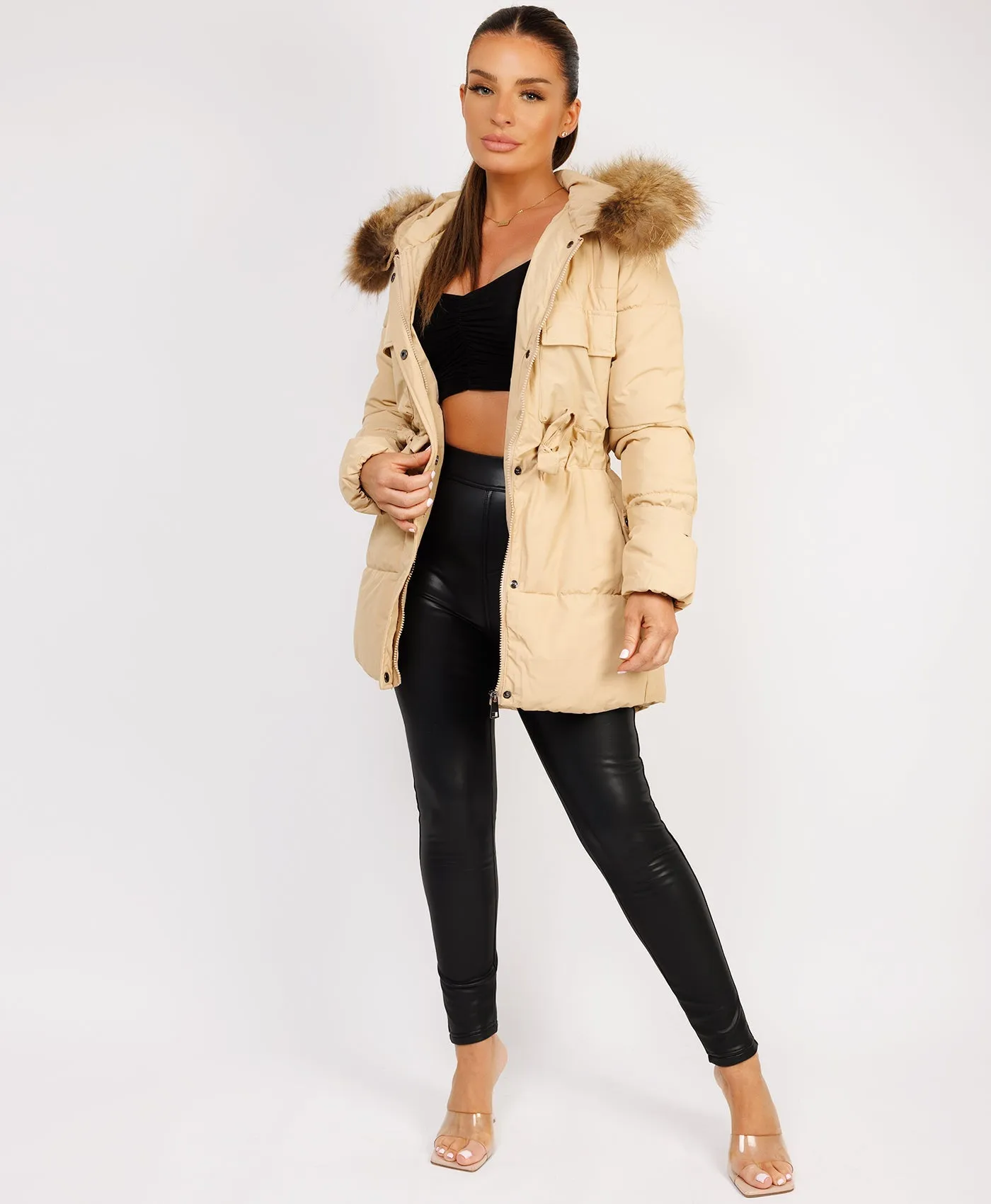 Beige Waist Tie Real Fur Hood Puffer Coat