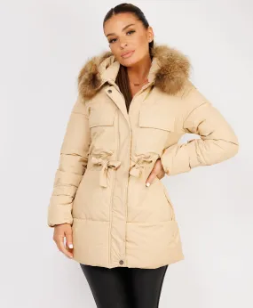 Beige Waist Tie Real Fur Hood Puffer Coat