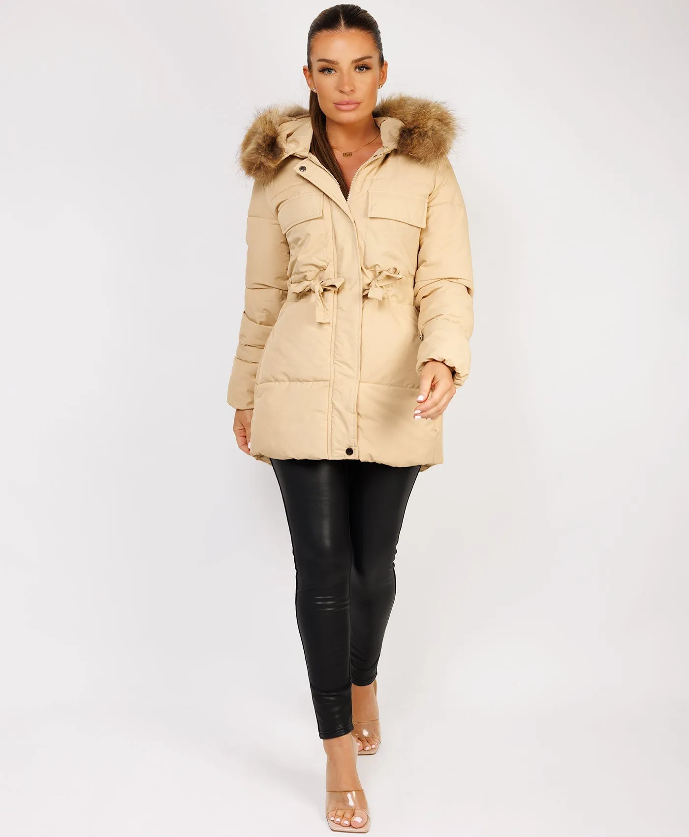 Beige Waist Tie Real Fur Hood Puffer Coat