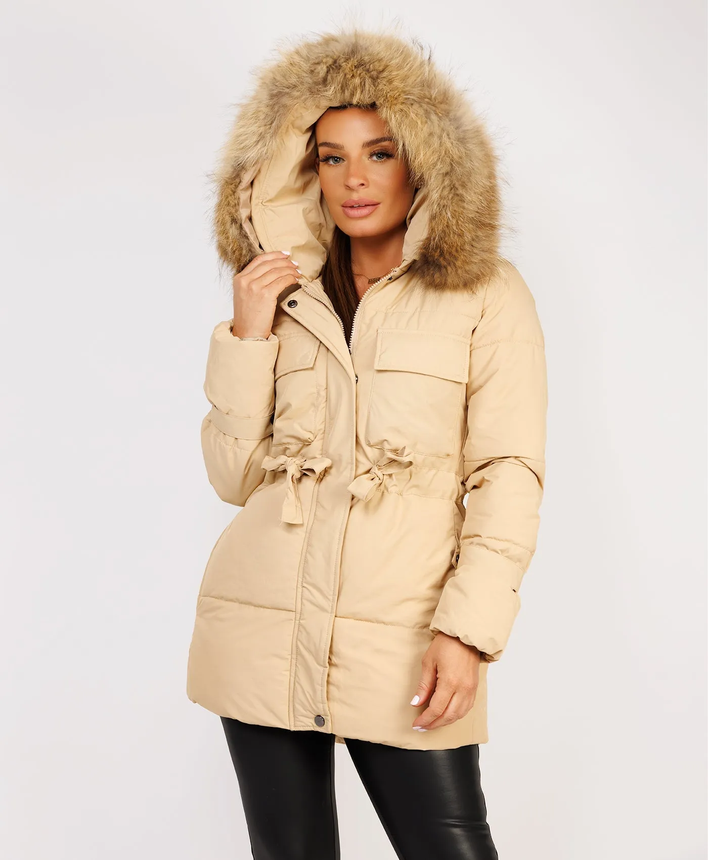 Beige Waist Tie Real Fur Hood Puffer Coat