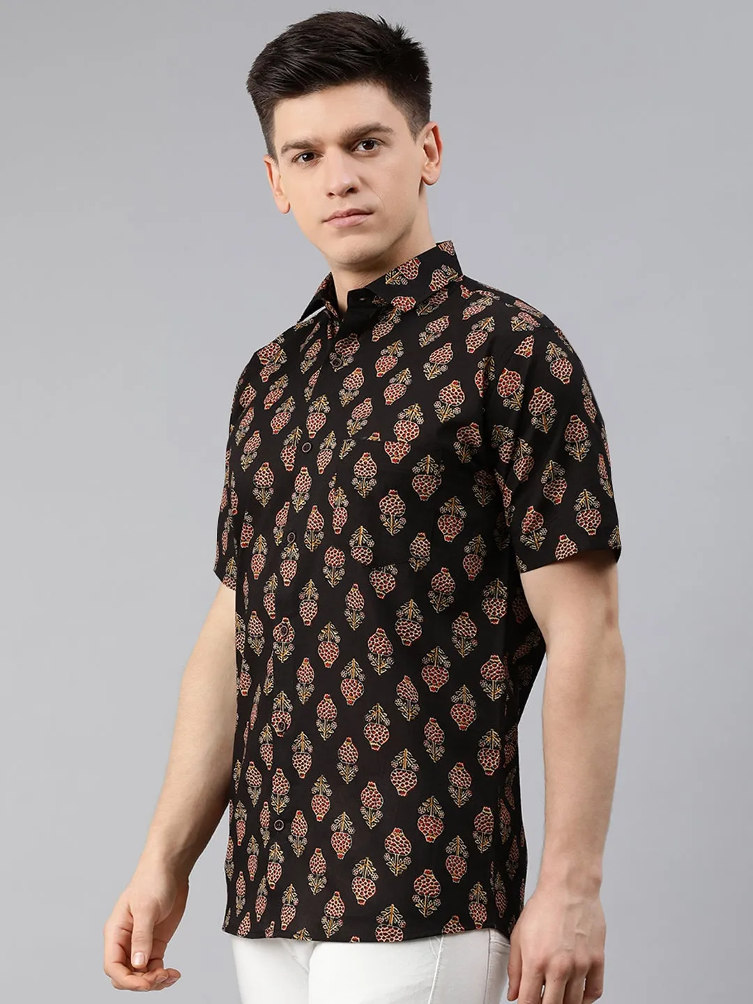 Black Cotton Short Sleeves Shirts For Men-Mmh009