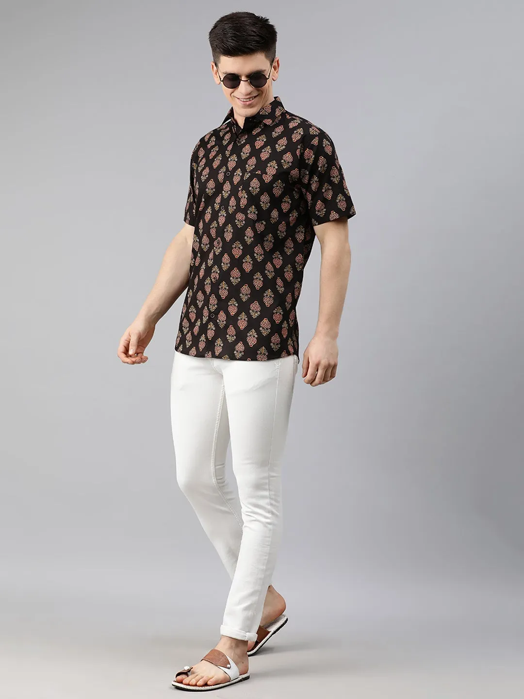 Black Cotton Short Sleeves Shirts For Men-Mmh009