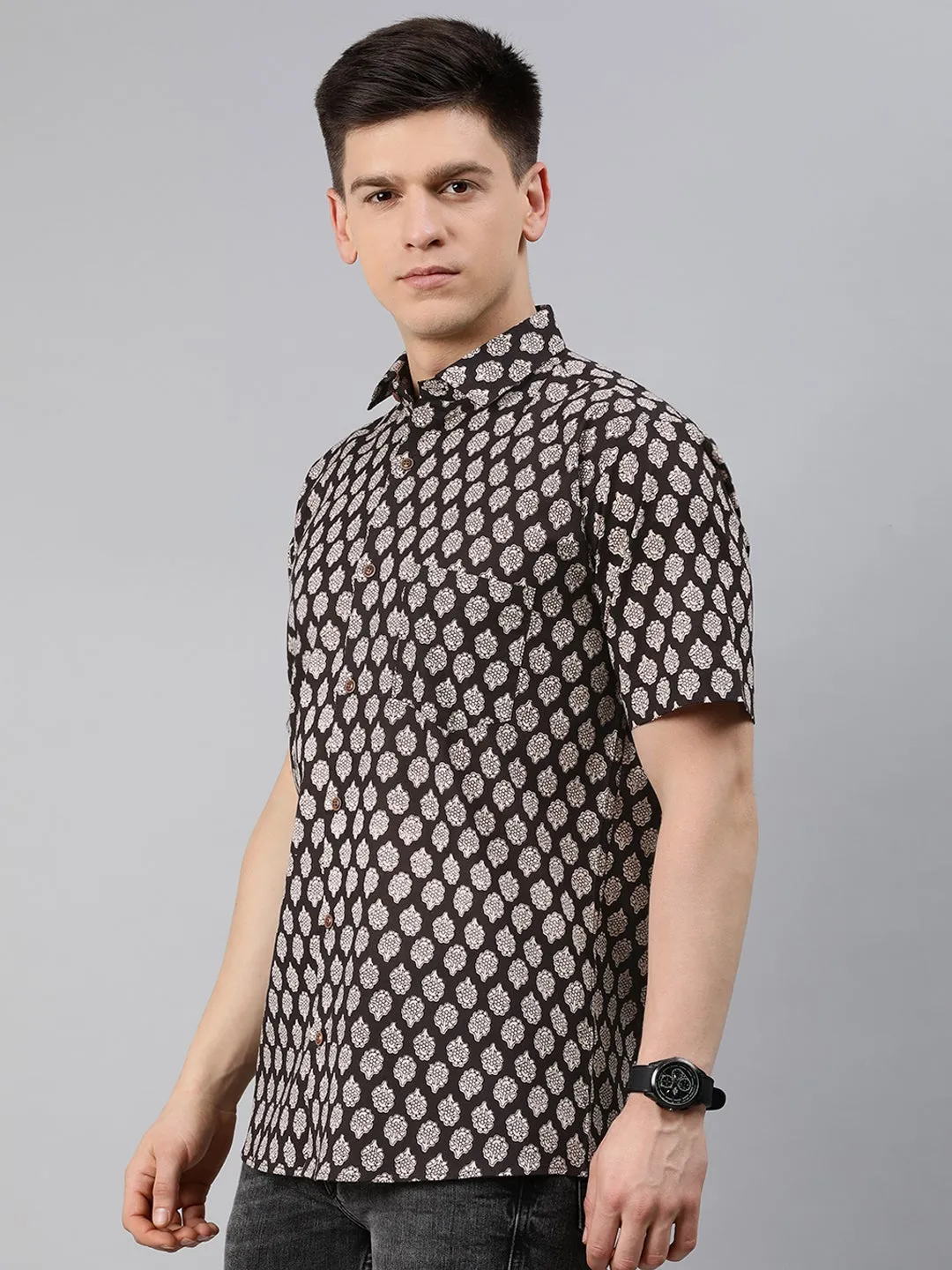 Black Cotton Short Sleeves Shirts For Men-Mmh044