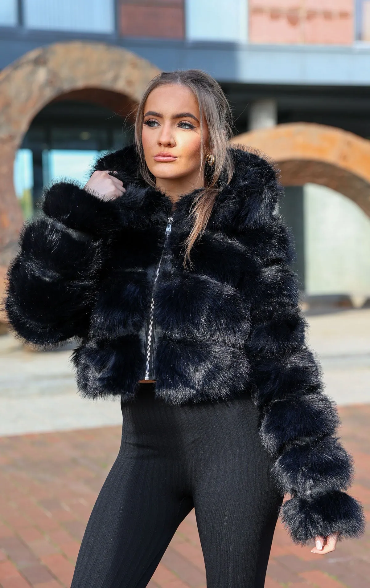 Black Faux Fur Cropped Hooded Coat