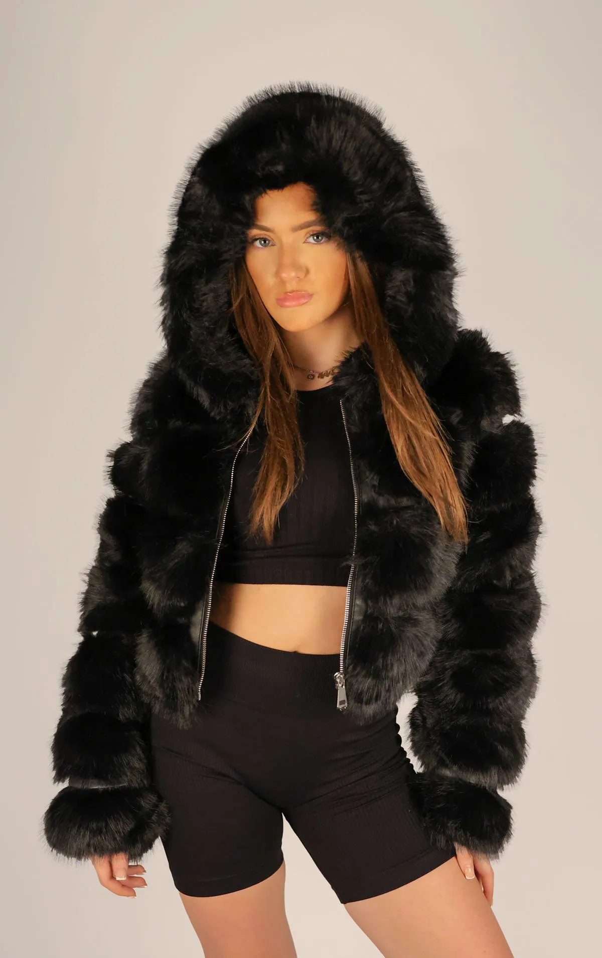 Black Faux Fur Cropped Hooded Coat