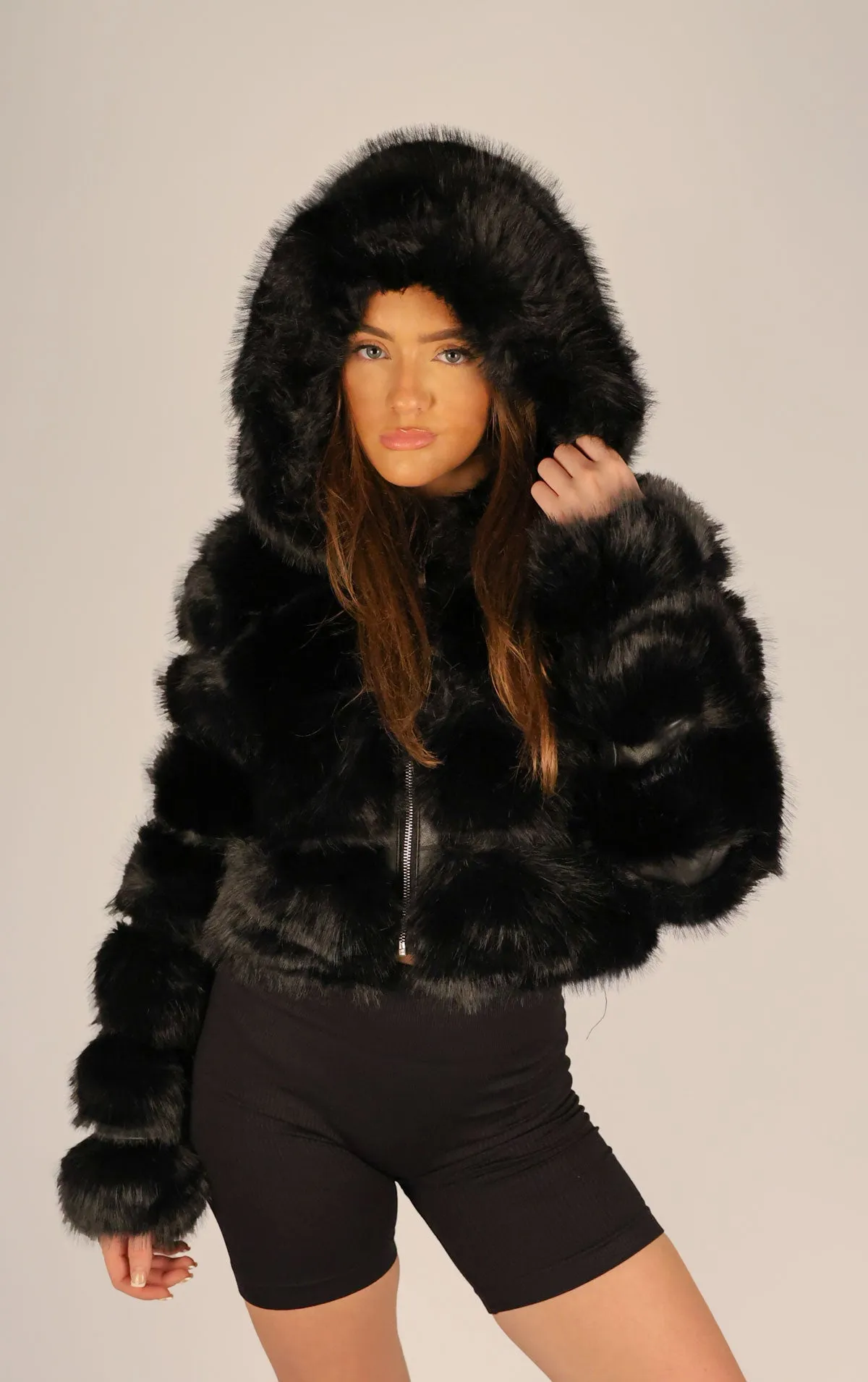 Black Faux Fur Cropped Hooded Coat