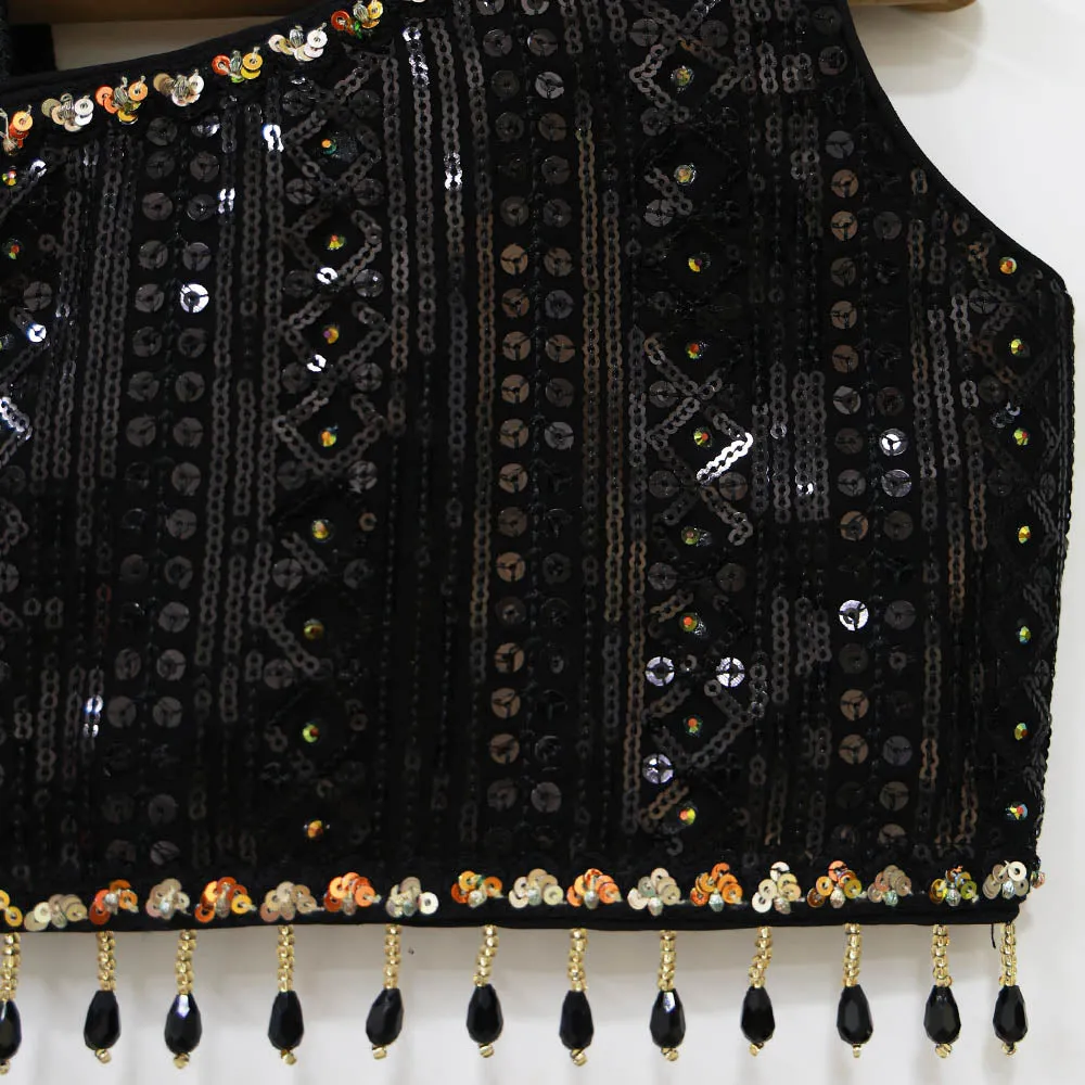 Black Sequins One Shoulder Choli With Lehenga & Dupatta