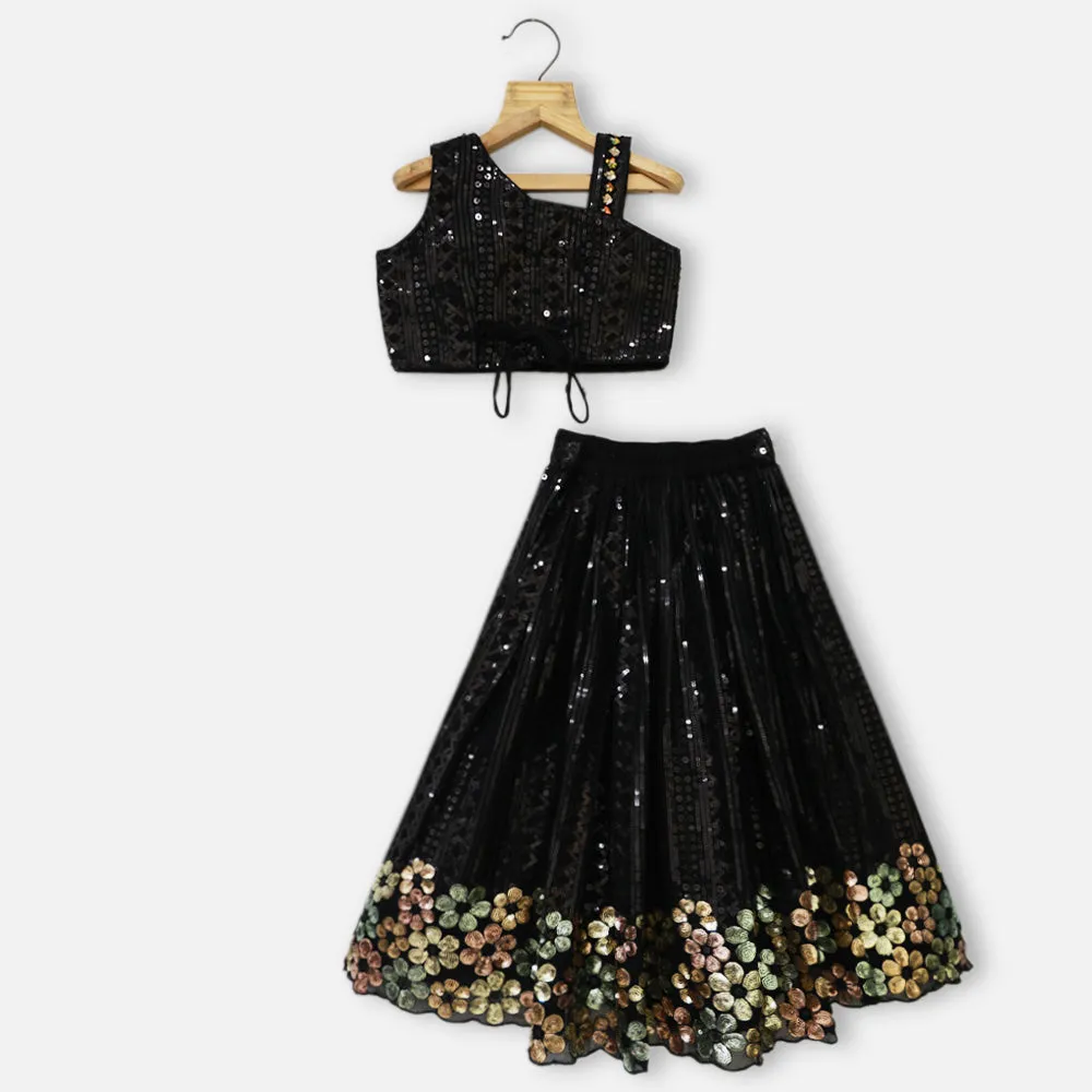 Black Sequins One Shoulder Choli With Lehenga & Dupatta