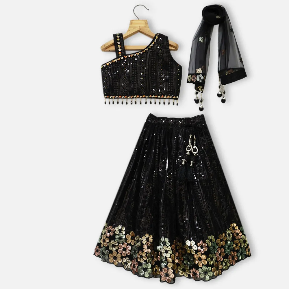 Black Sequins One Shoulder Choli With Lehenga & Dupatta