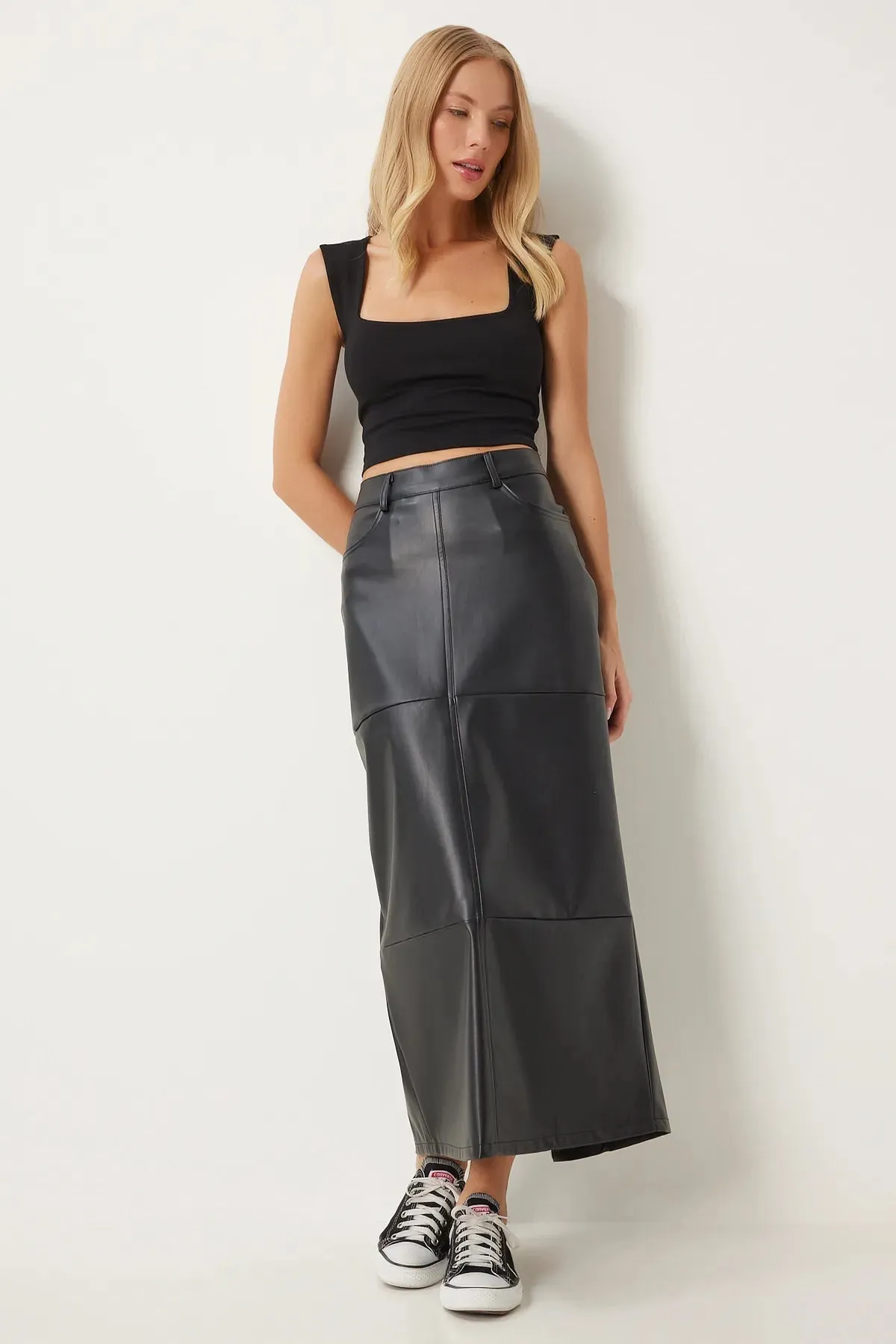 Black Slit Faux Leather Pencil Skirt