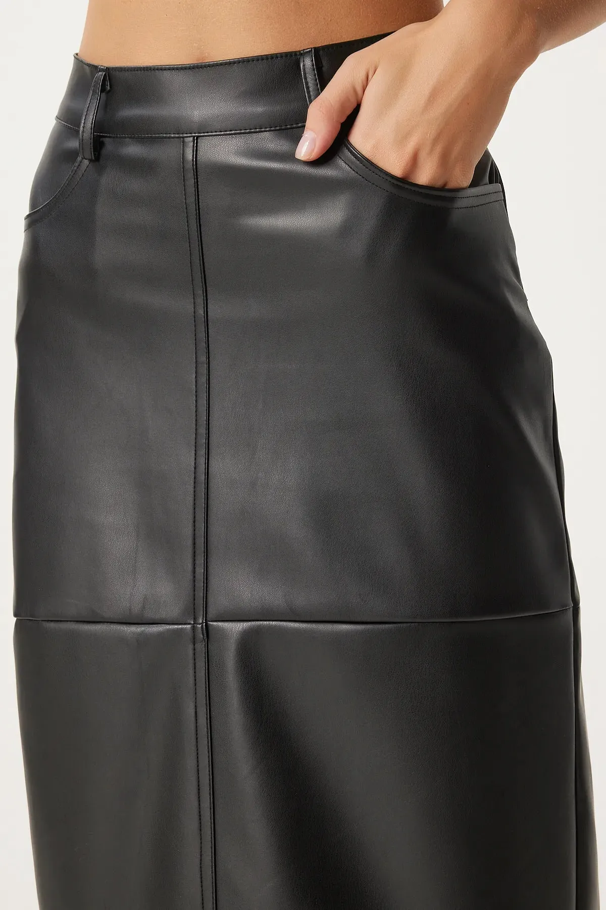 Black Slit Faux Leather Pencil Skirt