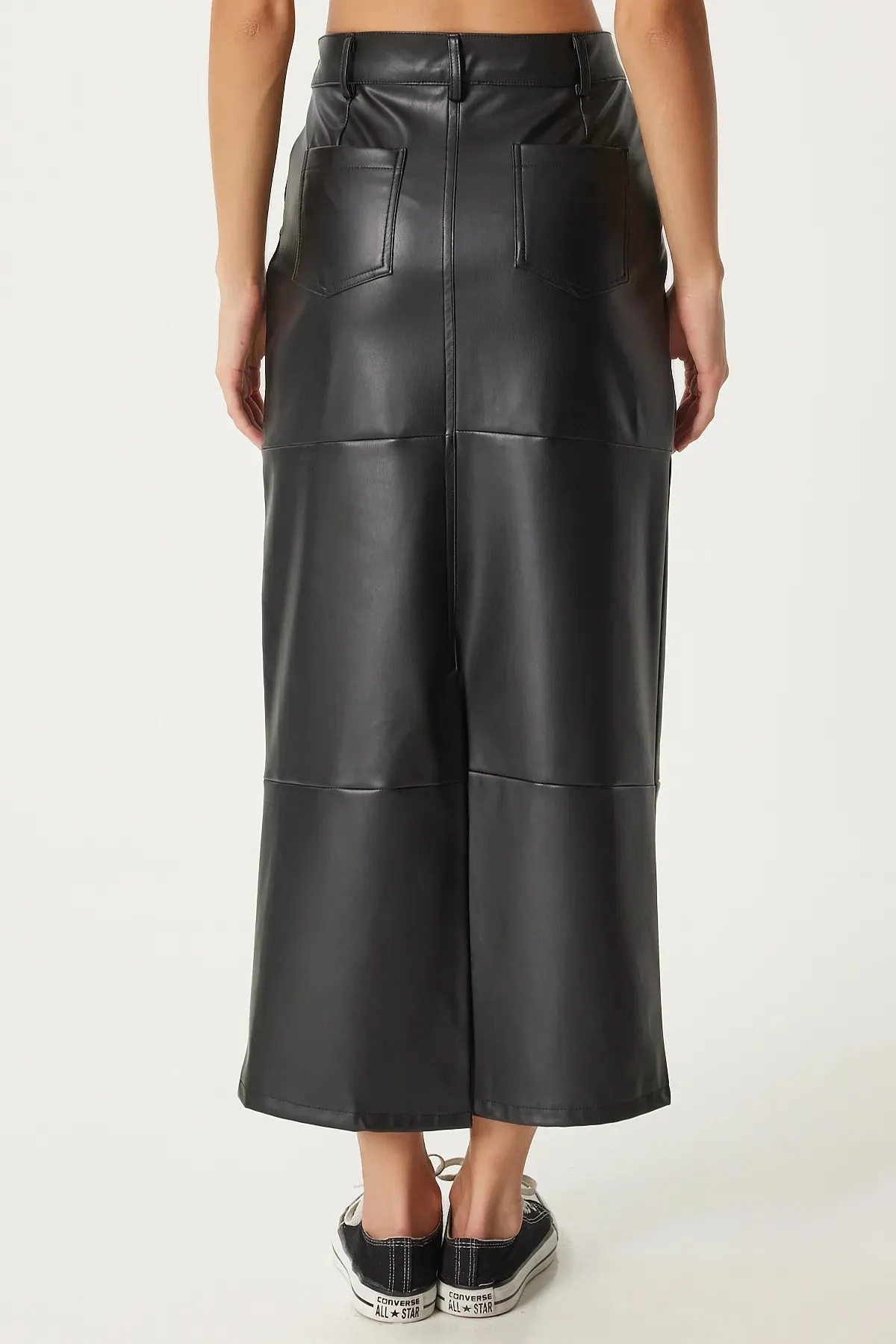 Black Slit Faux Leather Pencil Skirt