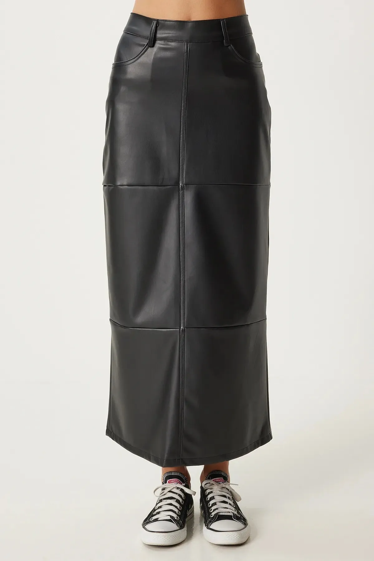 Black Slit Faux Leather Pencil Skirt