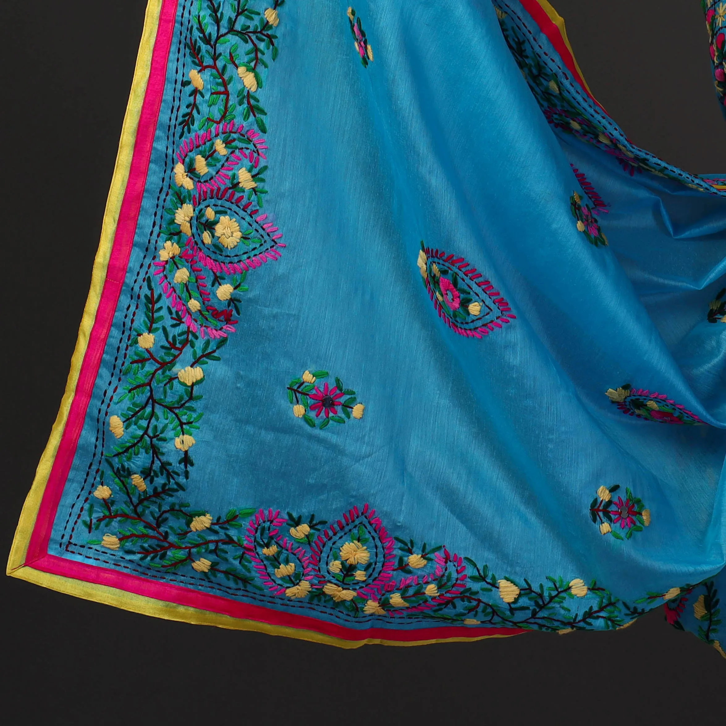 Blue - 3pc Hand Embroidery Chanderi Silk Phulkari Dress Material 60