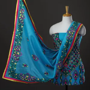 Blue - 3pc Hand Embroidery Chanderi Silk Phulkari Dress Material 60