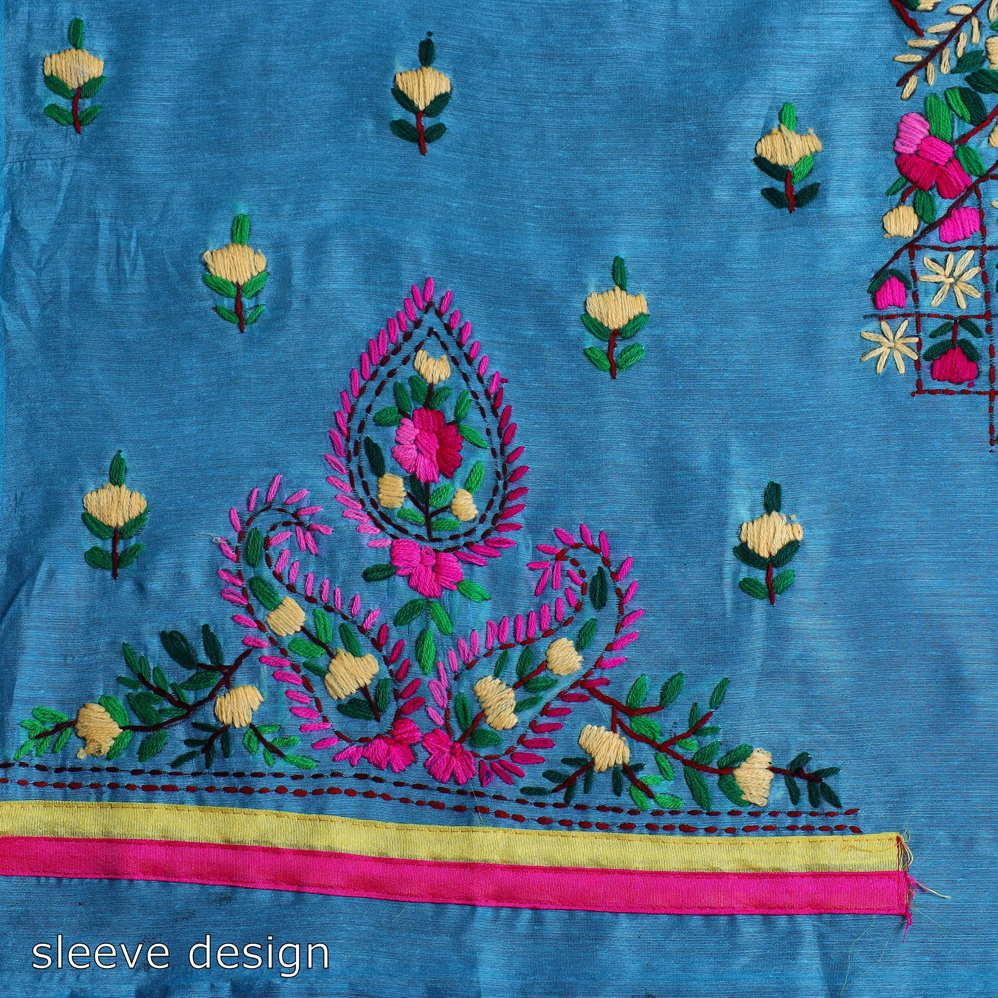 Blue - 3pc Hand Embroidery Chanderi Silk Phulkari Dress Material 60