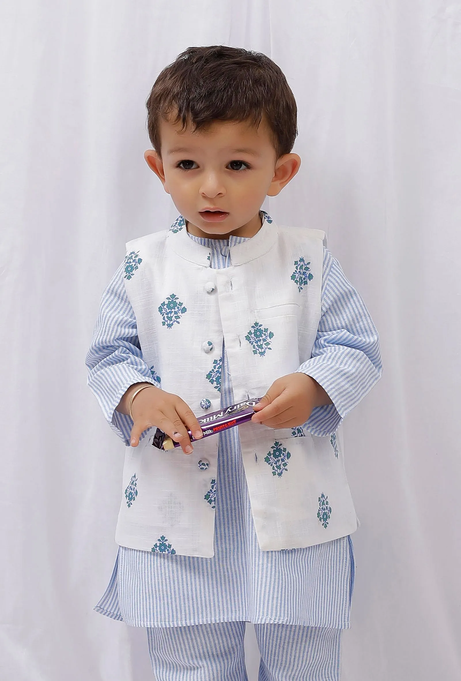 Blue Block Printed Floral Nehru Jacket