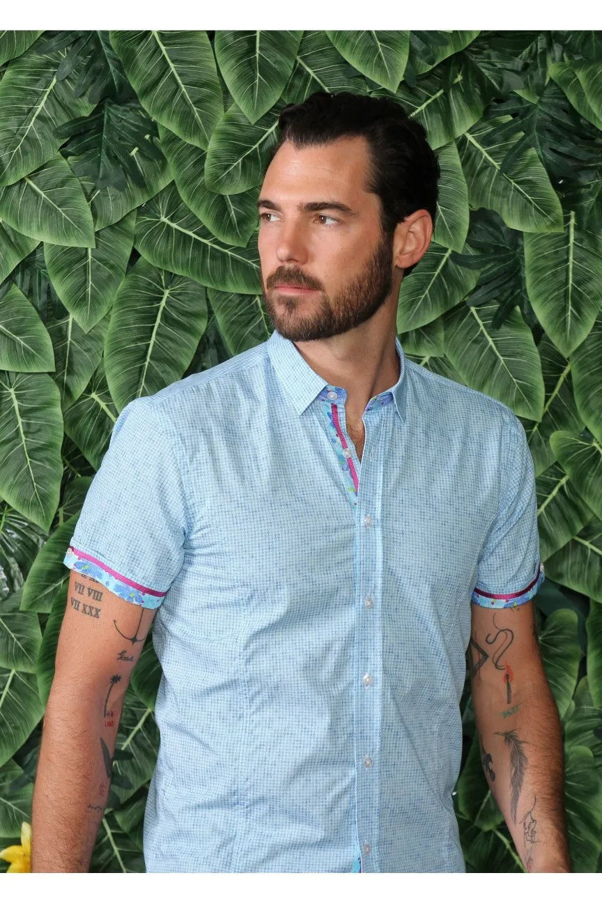 Blue Pattern Short Sleeve Shirt W/ Flower Trim