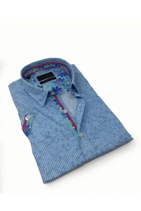 Blue Pattern Short Sleeve Shirt W/ Flower Trim