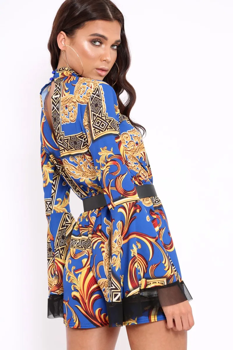 Blue Scarf Print Open Back Playsuit - Cassia