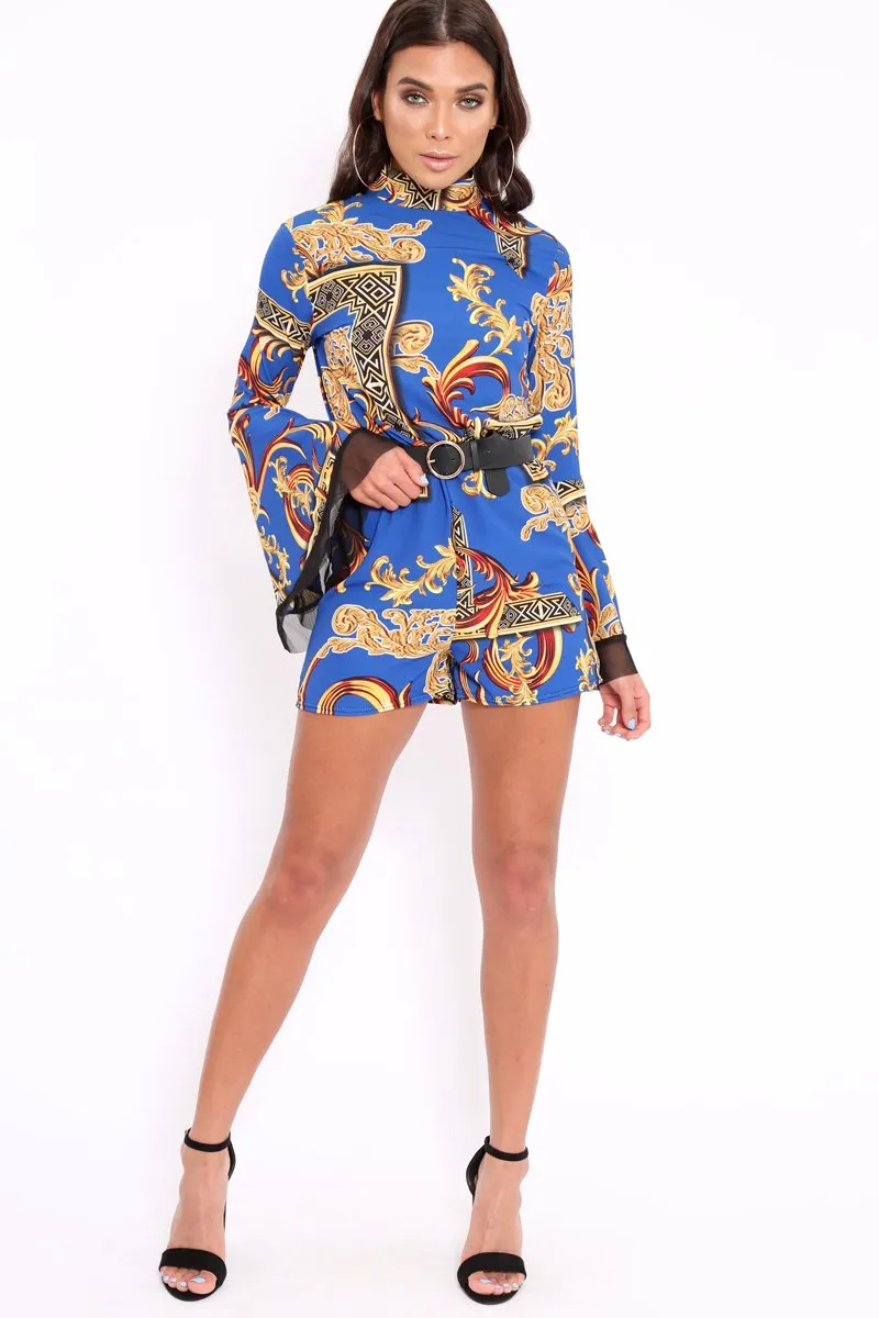 Blue Scarf Print Open Back Playsuit - Cassia