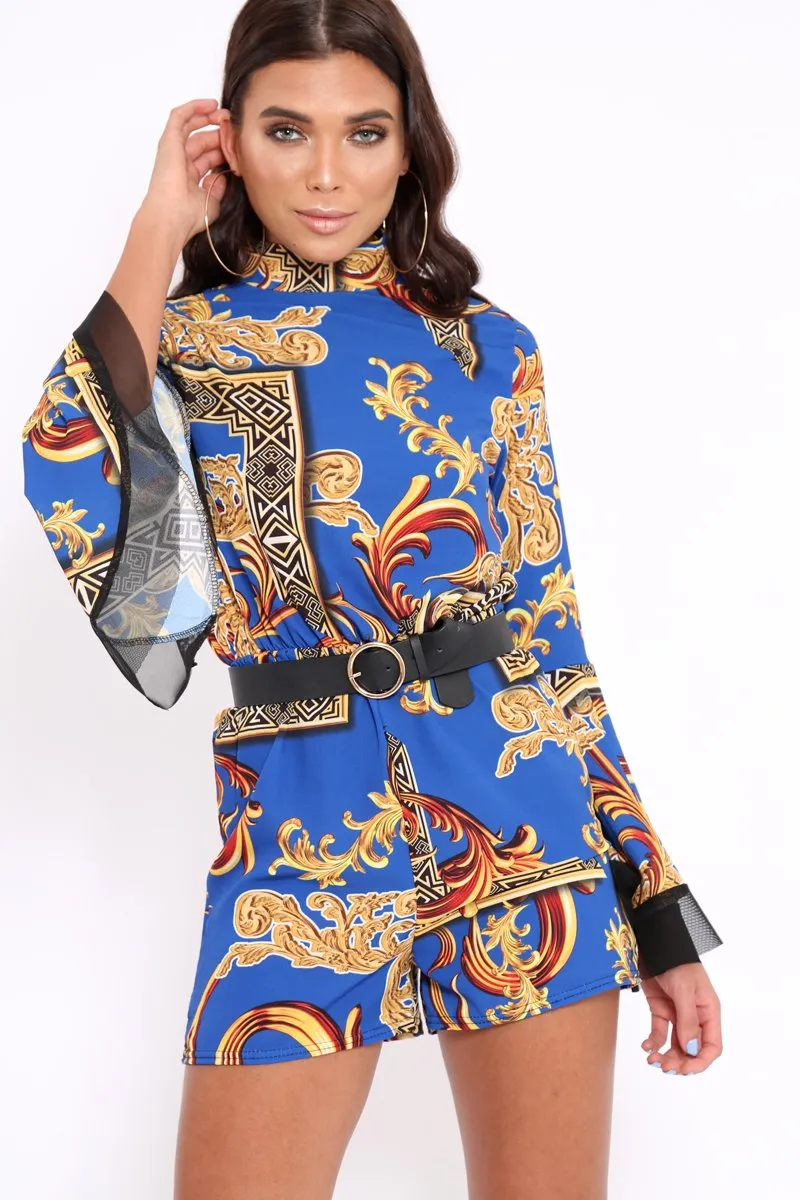 Blue Scarf Print Open Back Playsuit - Cassia