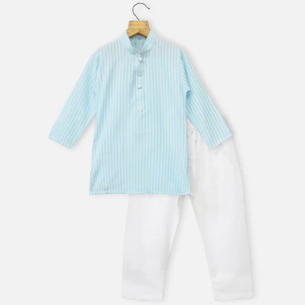 Blue Striped Kurta With White Pajama