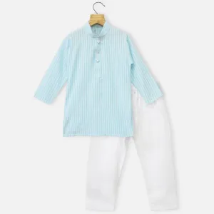 Blue Striped Kurta With White Pajama