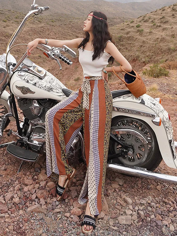 Bohemian ethnic wind and snow spinning split wide leg vacation beach pants summer high waisted pants