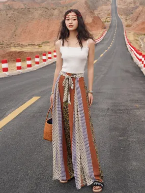 Bohemian ethnic wind and snow spinning split wide leg vacation beach pants summer high waisted pants