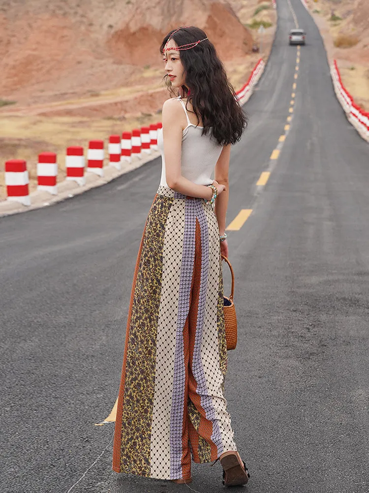 Bohemian ethnic wind and snow spinning split wide leg vacation beach pants summer high waisted pants