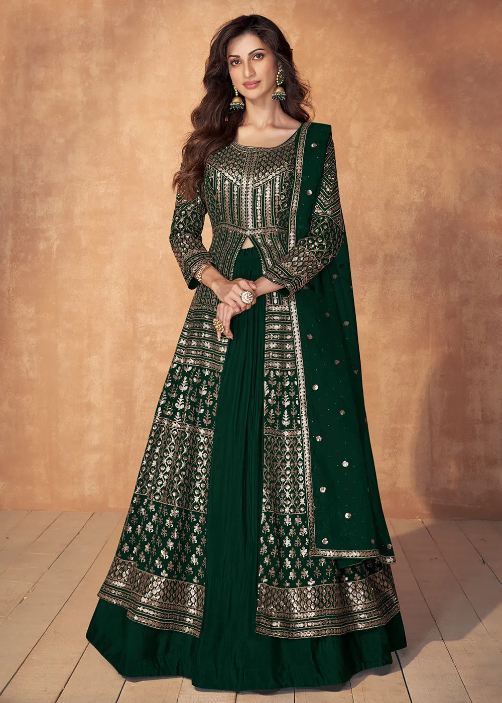 Bottle Green Skirt Style Embroidered Wedding Anarkali Suit