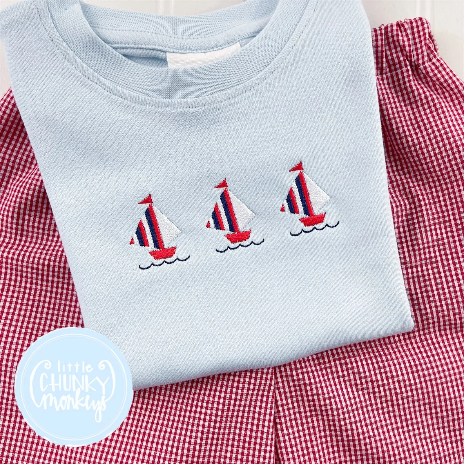 Boy Shirt - Sailboat Trio on Light Blue