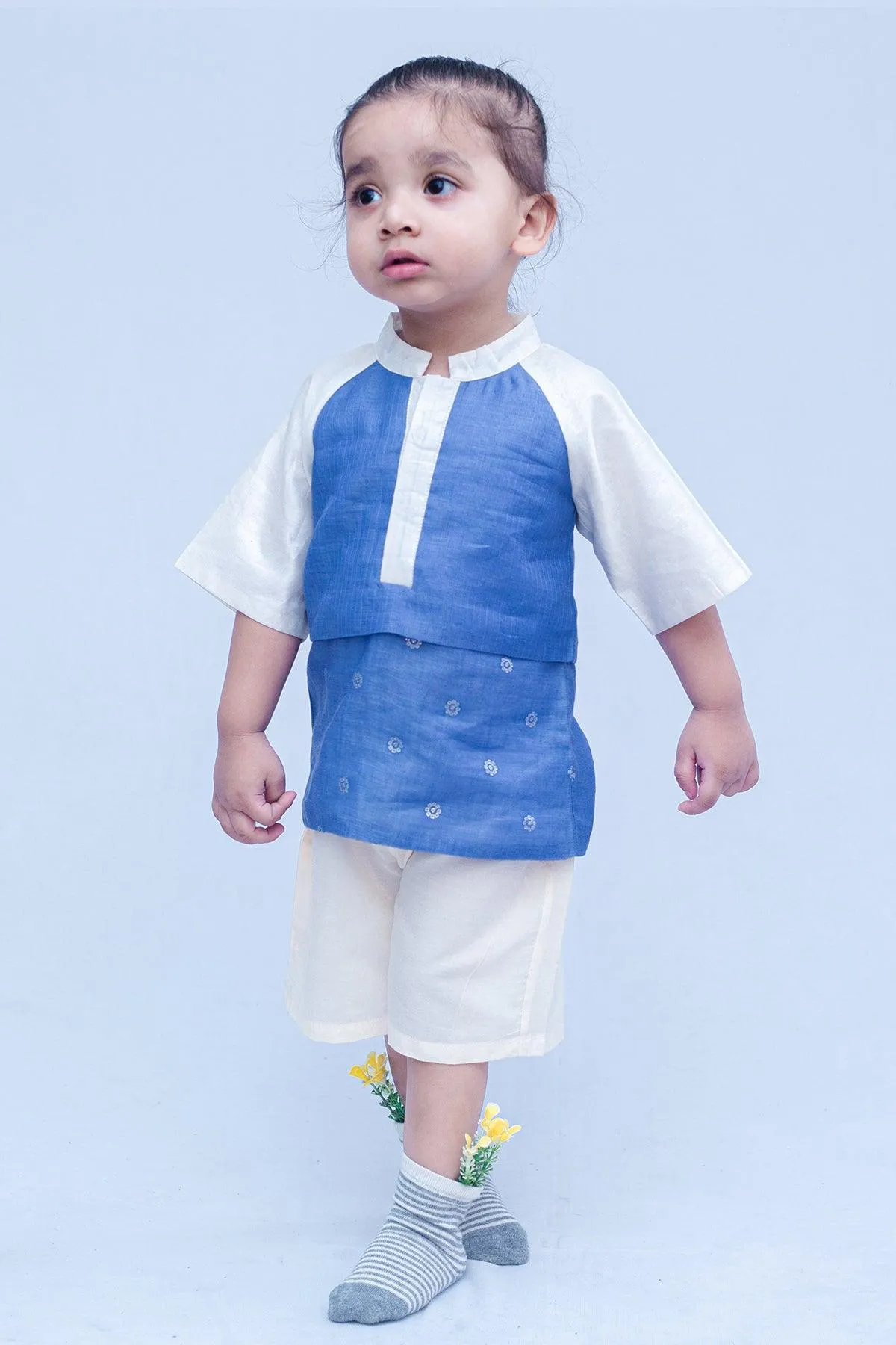 Boys Chanderi PartyWear Short Kurta - Blue & Offwhite