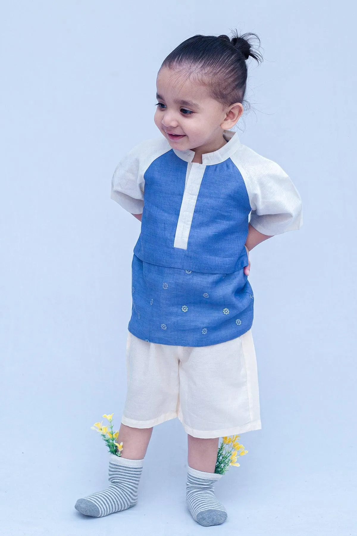 Boys Chanderi PartyWear Short Kurta - Blue & Offwhite